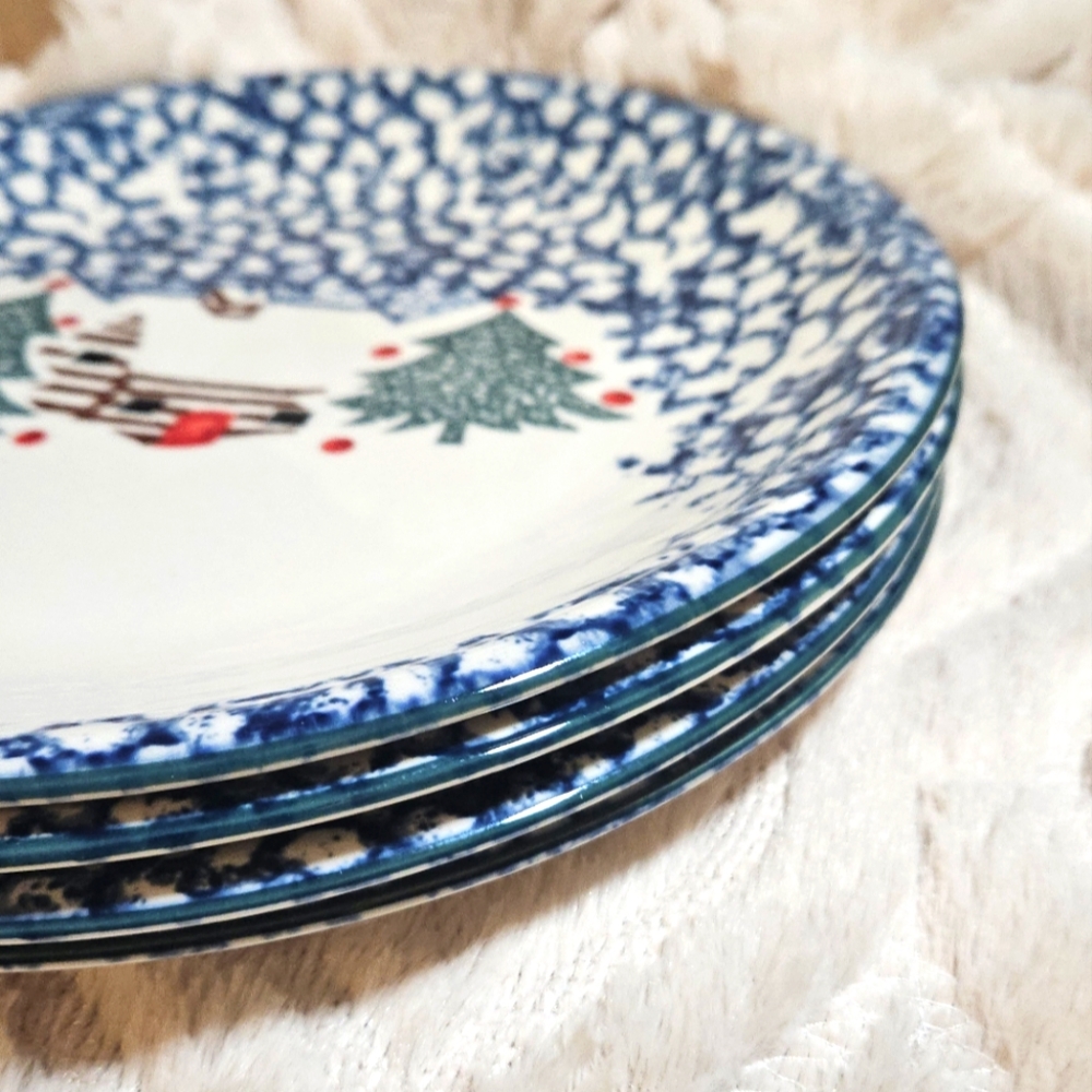 ONE Folk Craft Cabin in the Snow by Tienshan 10.5" Dinner Plate Sponge Ware - Picture 6 of 9